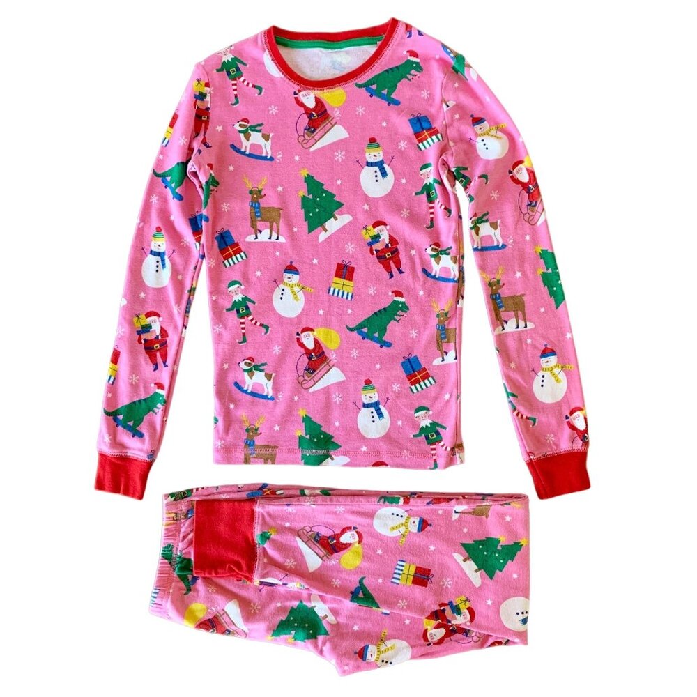 MINI BODEN Christmas Pajamas Girls 12 152 Pink Santa Reindeer Cotton Holiday PJs